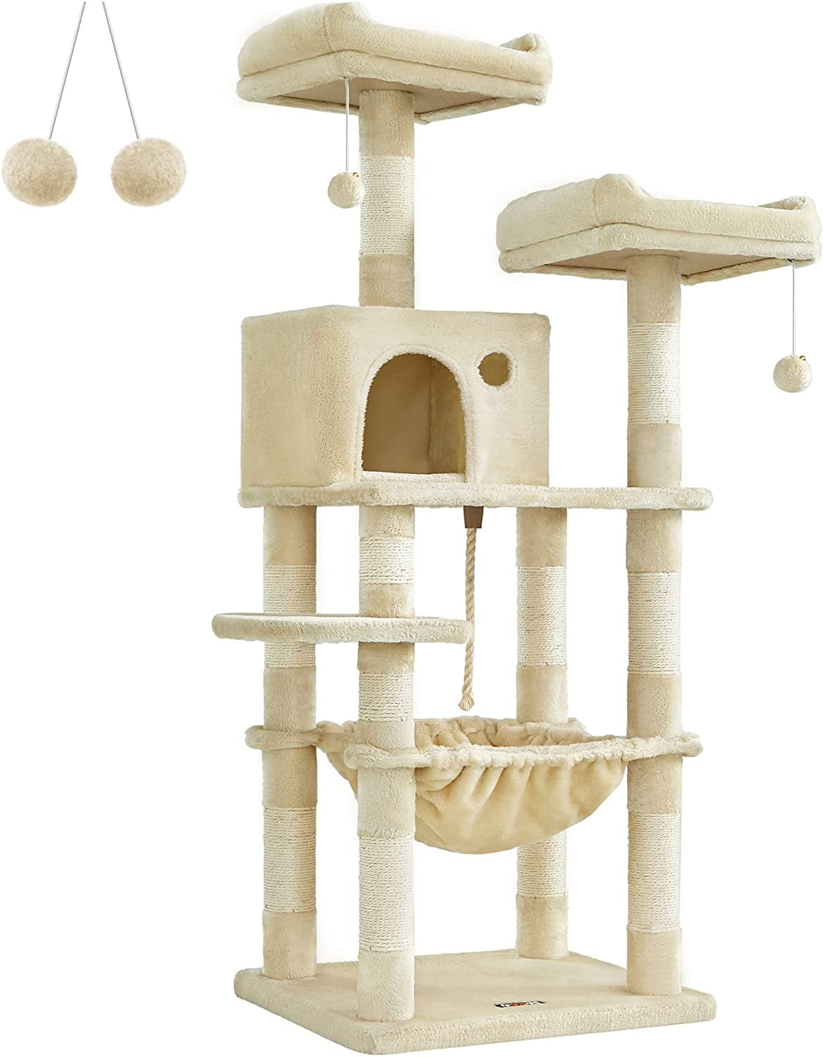 56-Inch Multi-Level Cat Tree – Tower with 11 Scratching Posts, 2 Perches, Cave & Hammock for Indoor Cats (Beige)