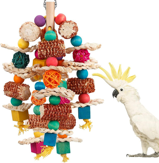 Natural Corn Cob Bird Chew Toys with Wooden Blocks – Durable Parrot Toys for Macaws, African Greys, Cockatoos, Amazons, Cockatiels, Conures, & Lovebirds