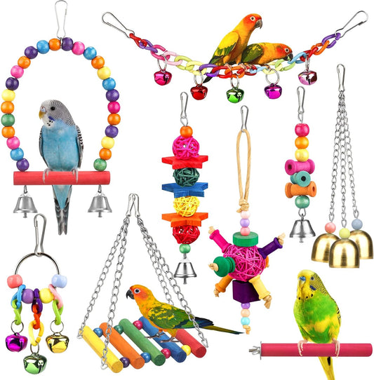 Colorful Bird Toys Set – Ladder, Hammock, Perch, Chewing Toys, and Hanging Bell for Parrots, Conures, Cockatiels, Lovebirds & Parakeets