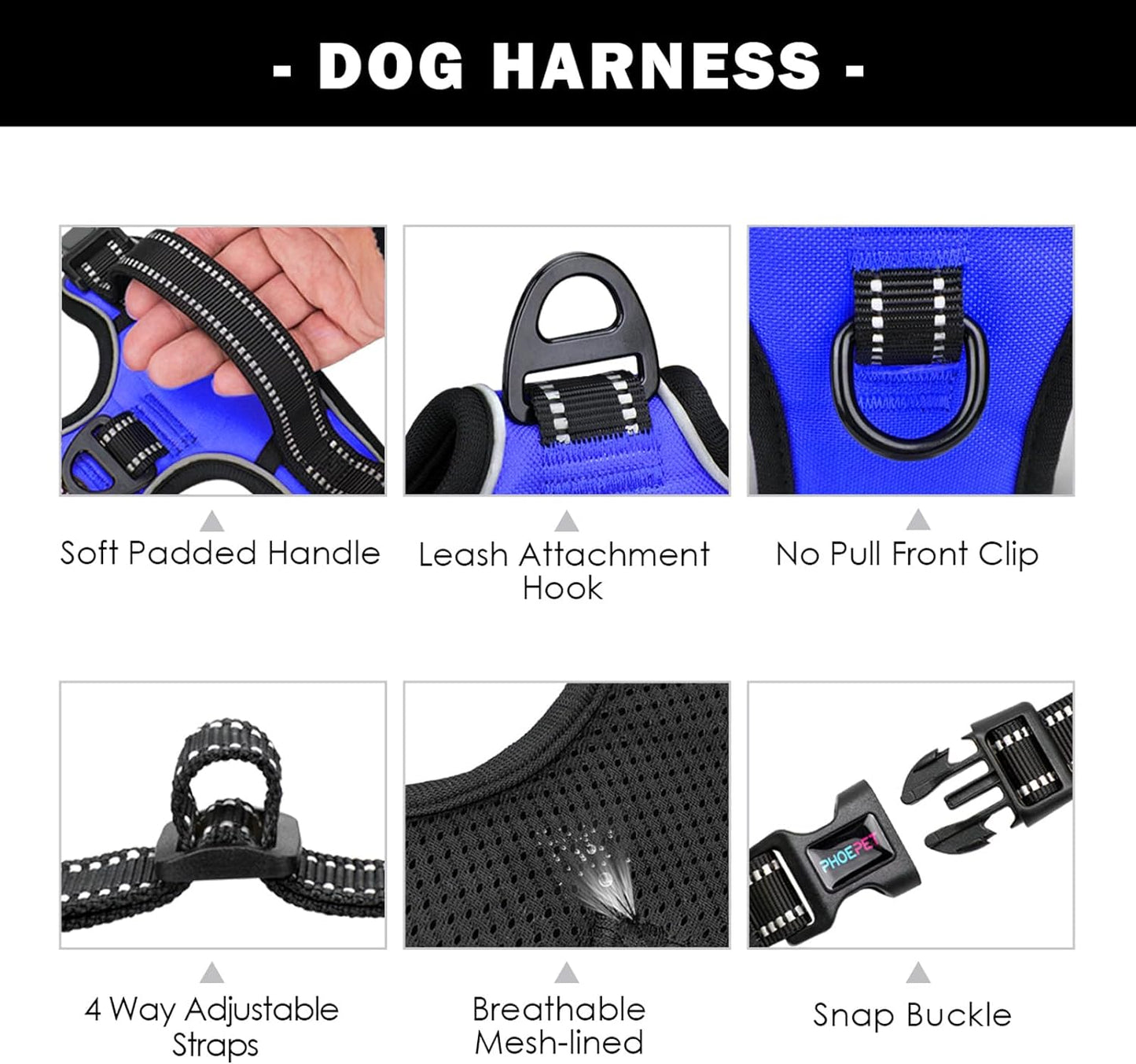 Reflective No-Pull Dog Harness for Small Dogs – Adjustable Front-Clip Vest with Handle, 2 Metal Rings & 3 Buckles, Easy On/Off (M, Royal Blue)