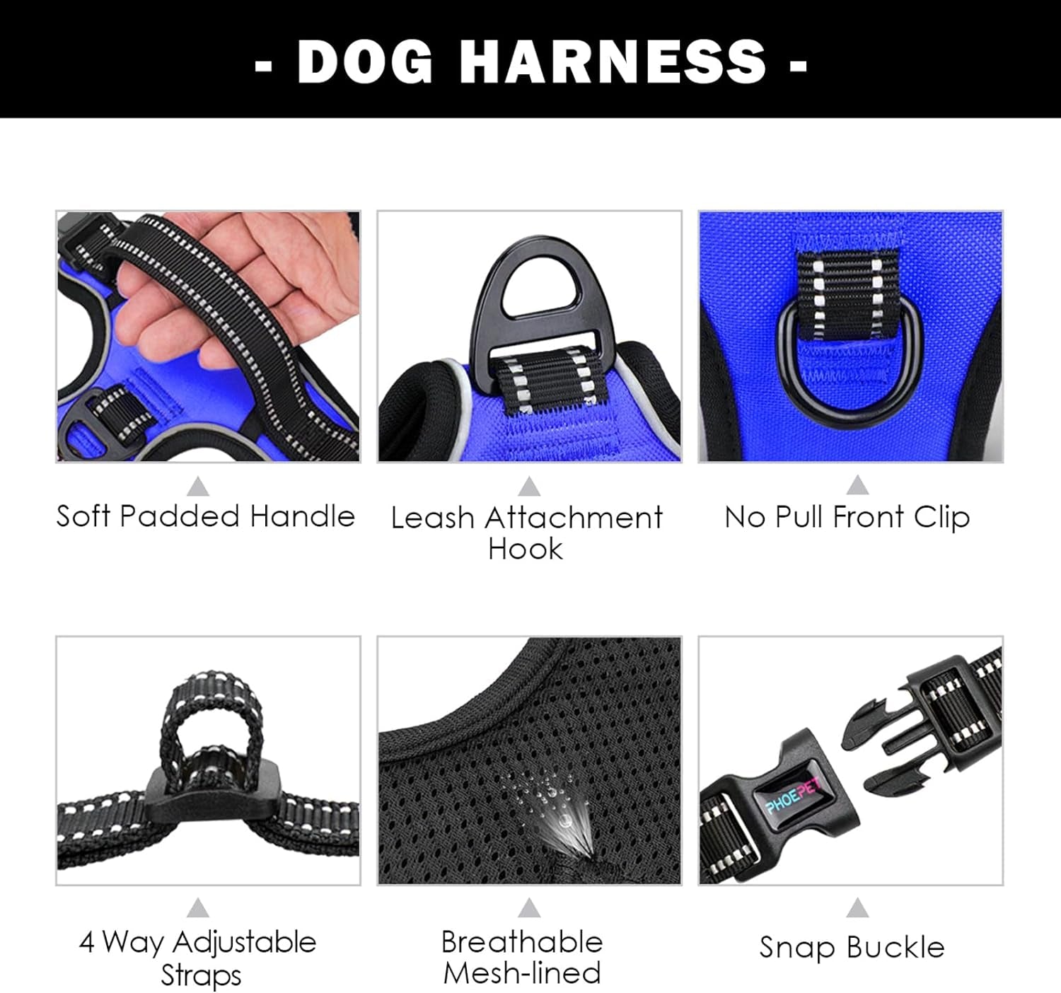 Reflective No-Pull Dog Harness for Small Dogs – Adjustable Front-Clip Vest with Handle, 2 Metal Rings & 3 Buckles, Easy On/Off (M, Royal Blue)