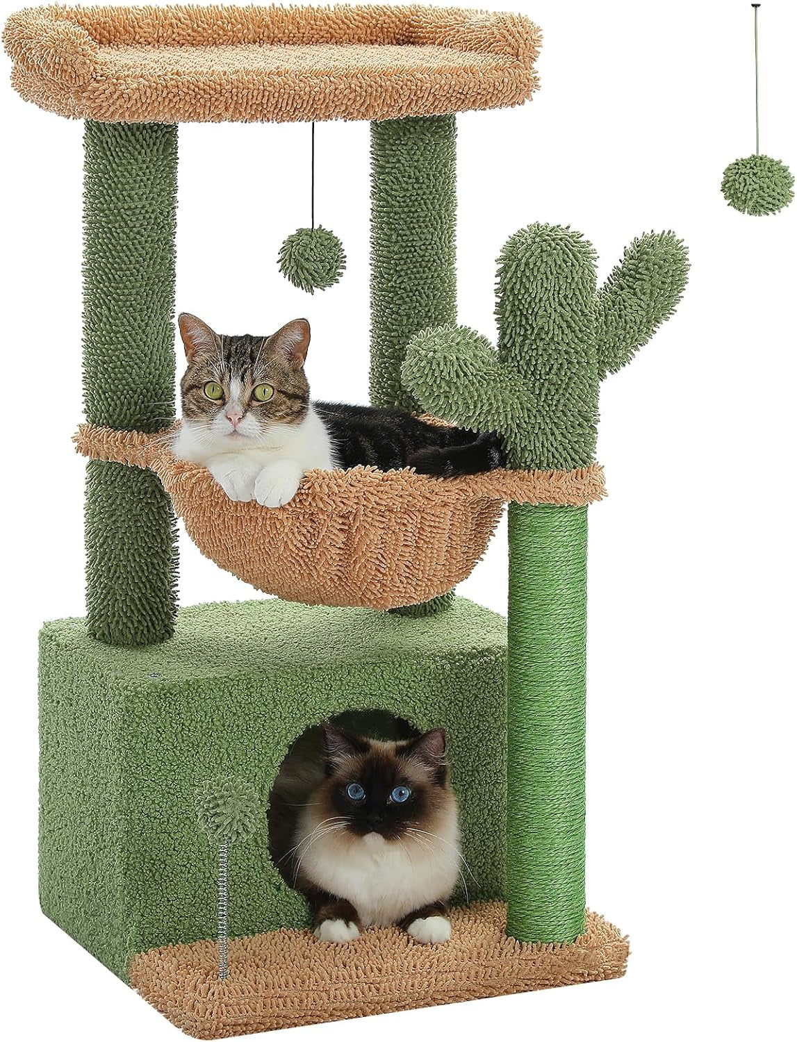 PEQUTLI 4-in-1 Cactus Cat Tree – 33” Indoor Cat Tower with Large Condo, Scratching Post, Hammock & Perch (Green)