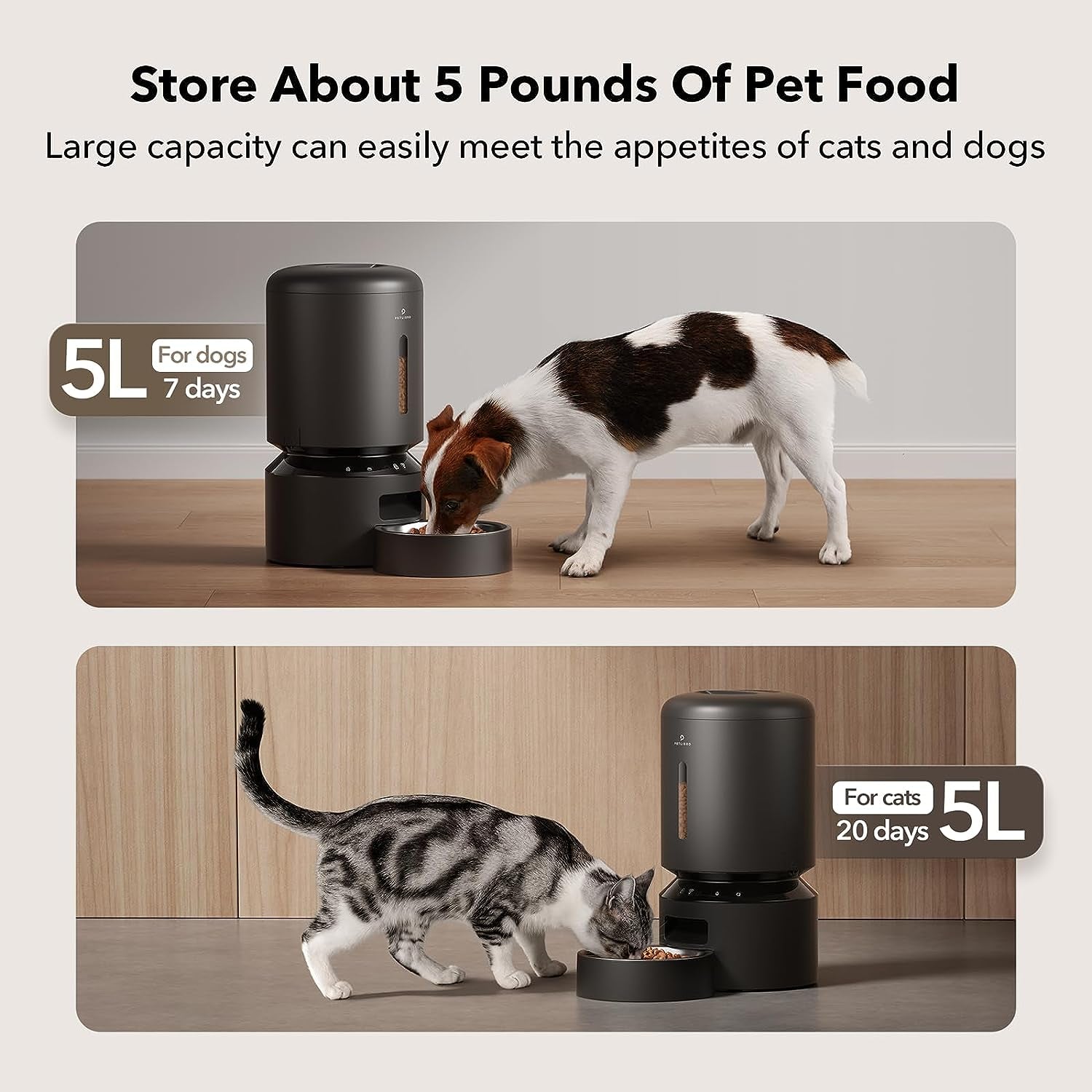 5L WiFi Automatic Pet Feeder – Timed Cat & Dog Feeder with Freshness Preservation, Low Food Sensor, Up to 10 Meals/Day (Black)