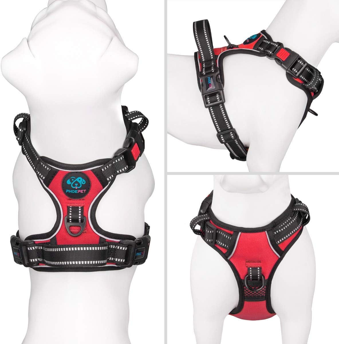 Reflective No-Pull Dog Harness for Small Dogs – Adjustable Front-Clip Vest with Handle, 2 Metal Rings & 3 Buckles, Easy On/Off (XS, Red)