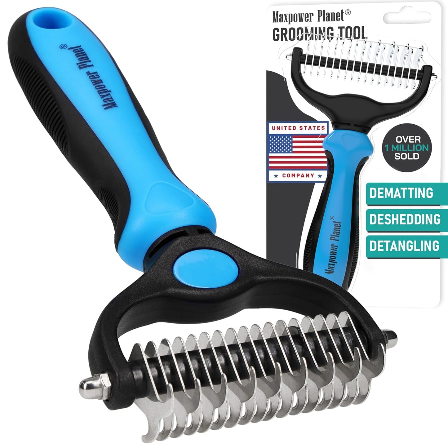 Pet Grooming Rake - Double Sided Deshedding, Dematting Tool - Undercoat Rake for Dogs, Cats - Extra Wide Dog Grooming Brush, Deshedder Comb for Long Hair, Reduce Shedding by 95%, Blue