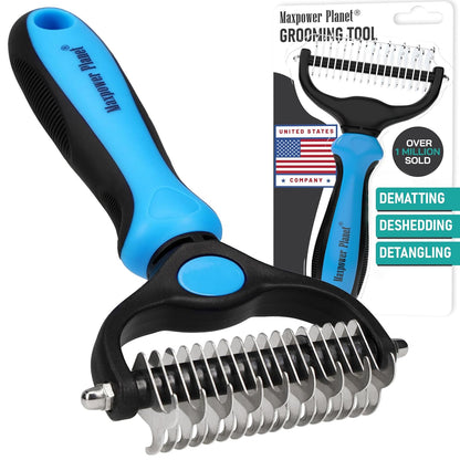 Pet Grooming Rake - Double Sided Deshedding, Dematting Tool - Undercoat Rake for Dogs, Cats - Extra Wide Dog Grooming Brush, Deshedder Comb for Long Hair, Reduce Shedding by 95%, Blue