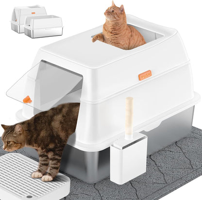 Extra Large Stainless Steel Cat Litter Box – Enclosed Top-Entry Design, Anti-Leak, Easy to Clean, with Scoop & Mat (White)