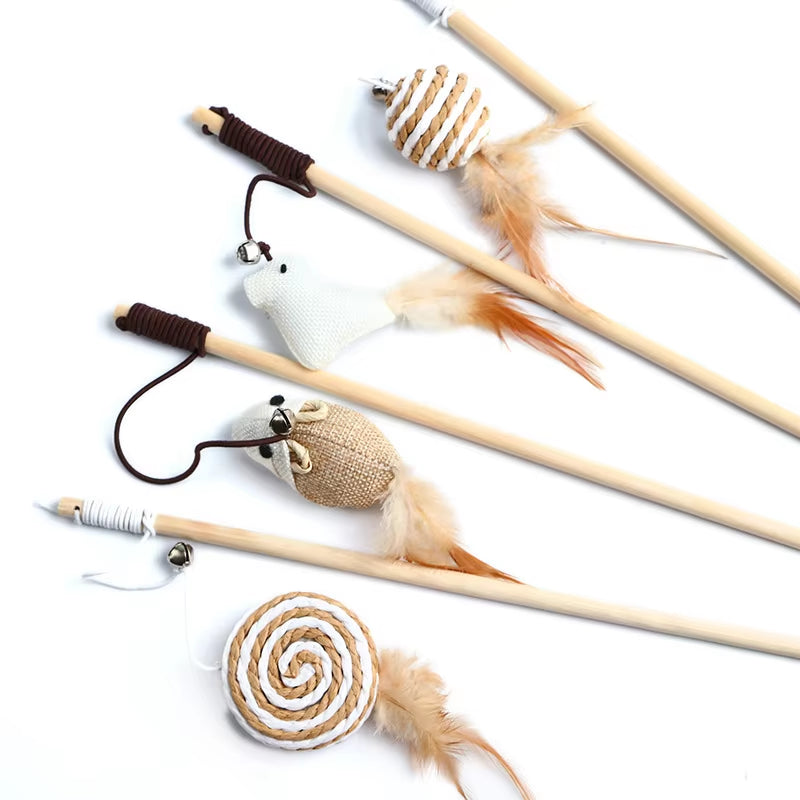 Interactive Feather Teaser Wand – Colorful Wood Rod for Kittens & Cats