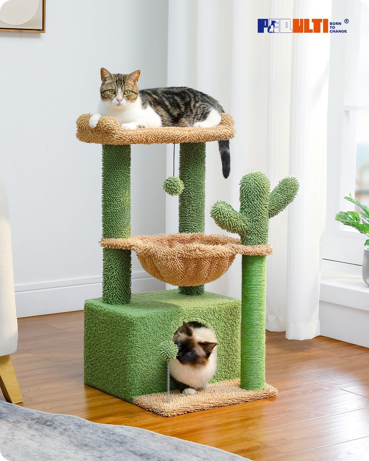 PEQUTLI 4-in-1 Cactus Cat Tree – 33” Indoor Cat Tower with Large Condo, Scratching Post, Hammock & Perch (Green)