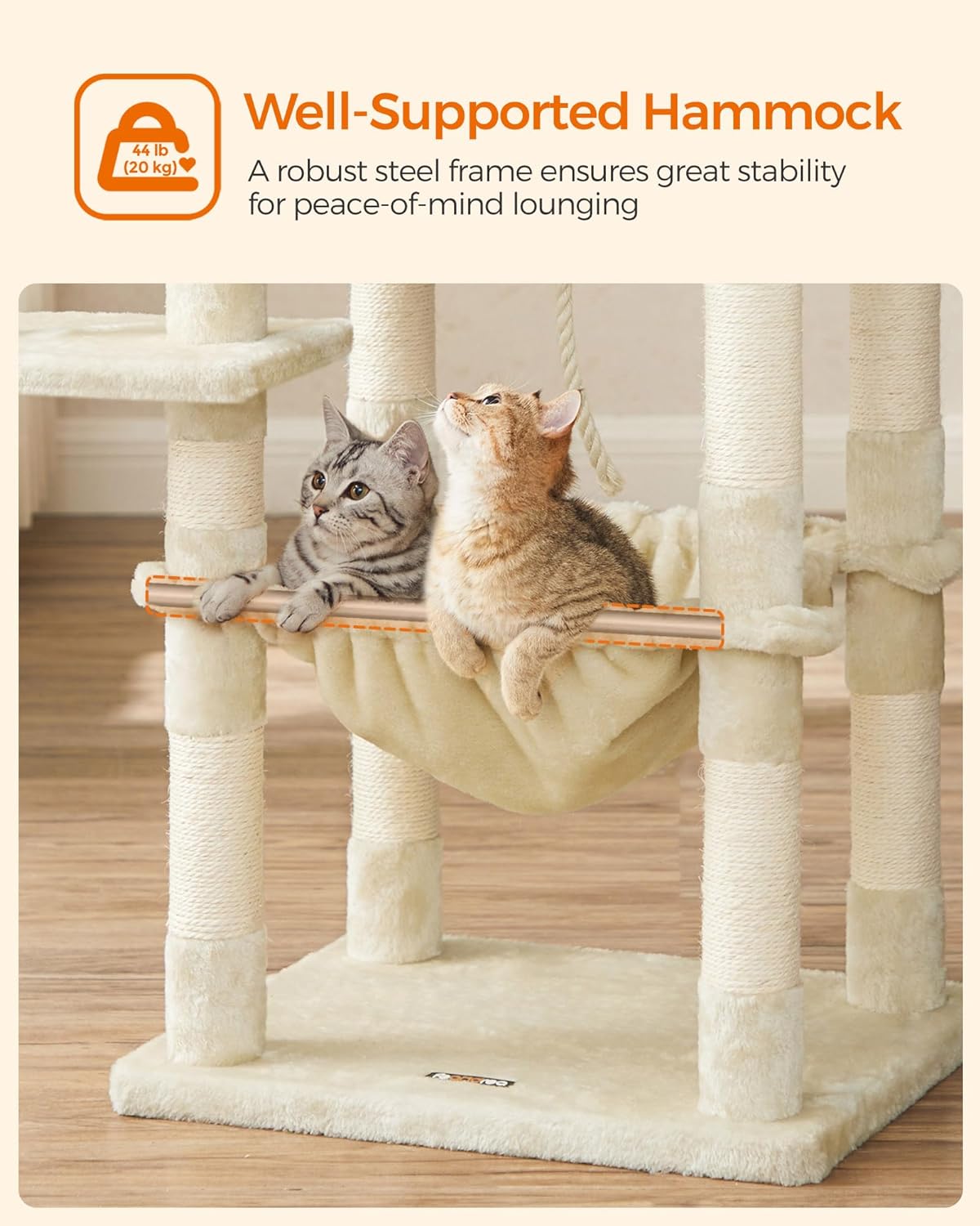 56-Inch Multi-Level Cat Tree – Tower with 11 Scratching Posts, 2 Perches, Cave & Hammock for Indoor Cats (Beige)