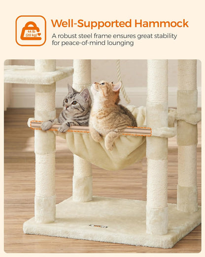 56-Inch Multi-Level Cat Tree – Tower with 11 Scratching Posts, 2 Perches, Cave & Hammock for Indoor Cats (Beige)