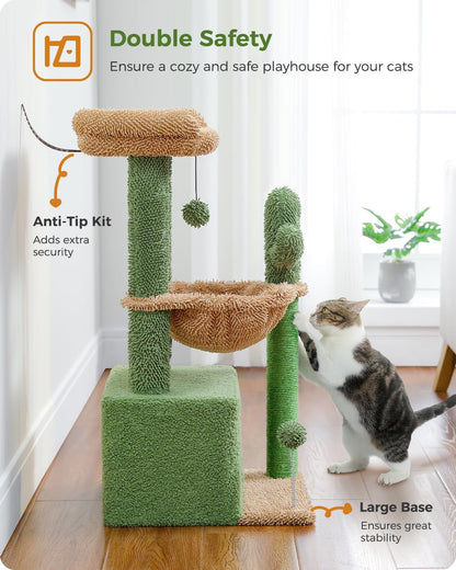 PEQUTLI 4-in-1 Cactus Cat Tree – 33” Indoor Cat Tower with Large Condo, Scratching Post, Hammock & Perch (Green)