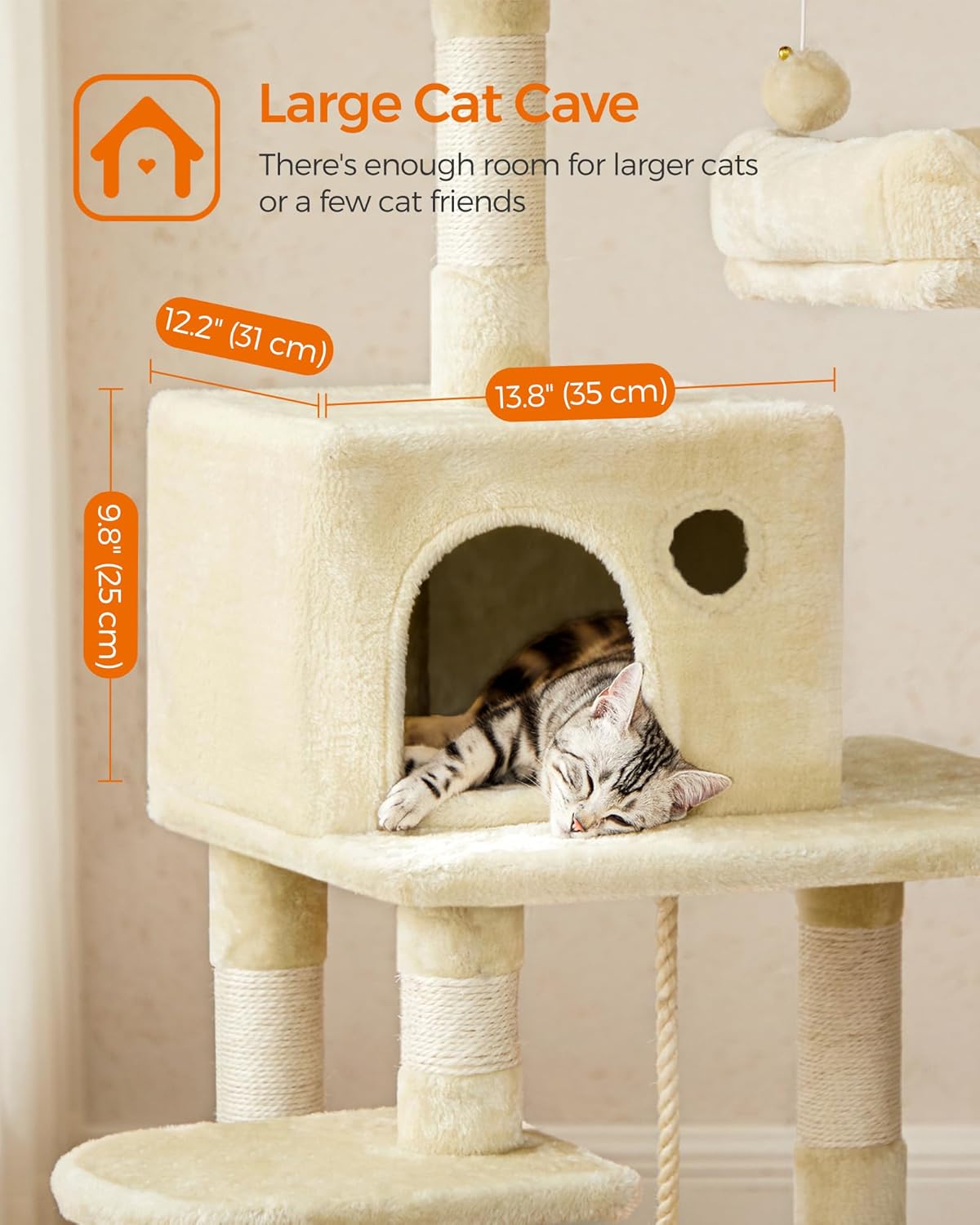 56-Inch Multi-Level Cat Tree – Tower with 11 Scratching Posts, 2 Perches, Cave & Hammock for Indoor Cats (Beige)