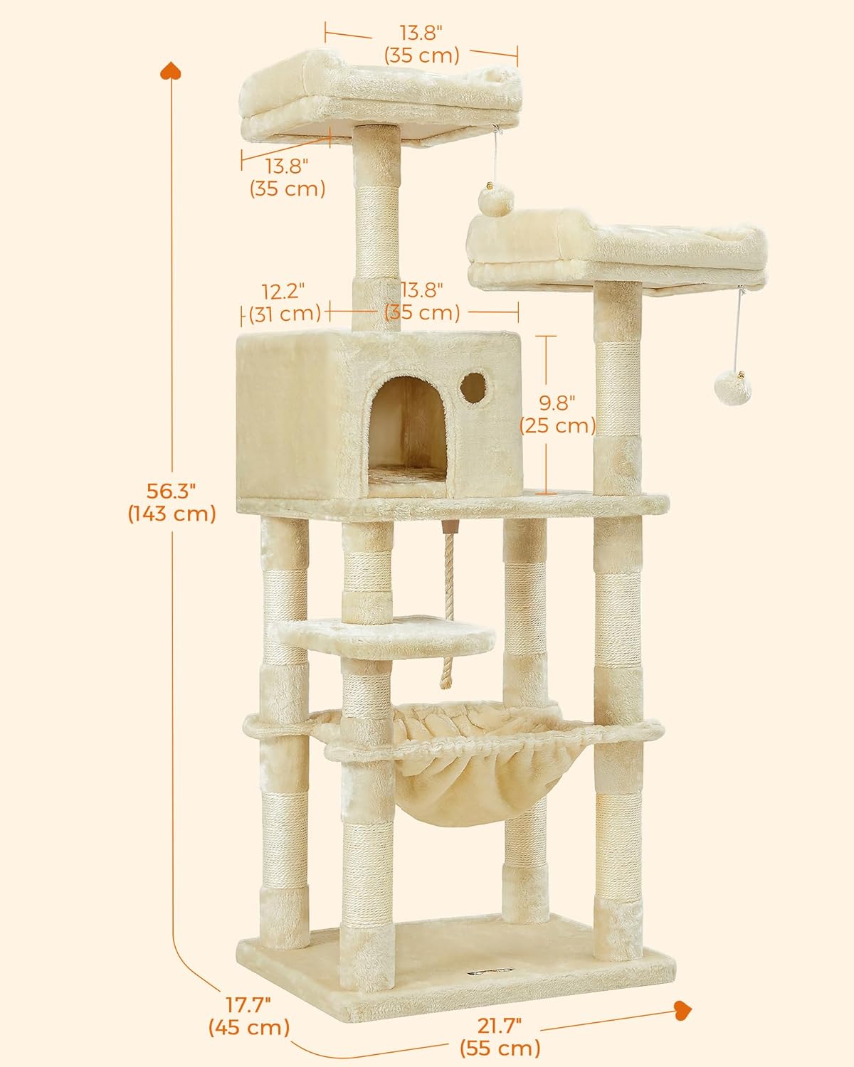 56-Inch Multi-Level Cat Tree – Tower with 11 Scratching Posts, 2 Perches, Cave & Hammock for Indoor Cats (Beige)