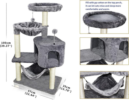 Modern Cat Tree with Condo & Large Hammock – Grey