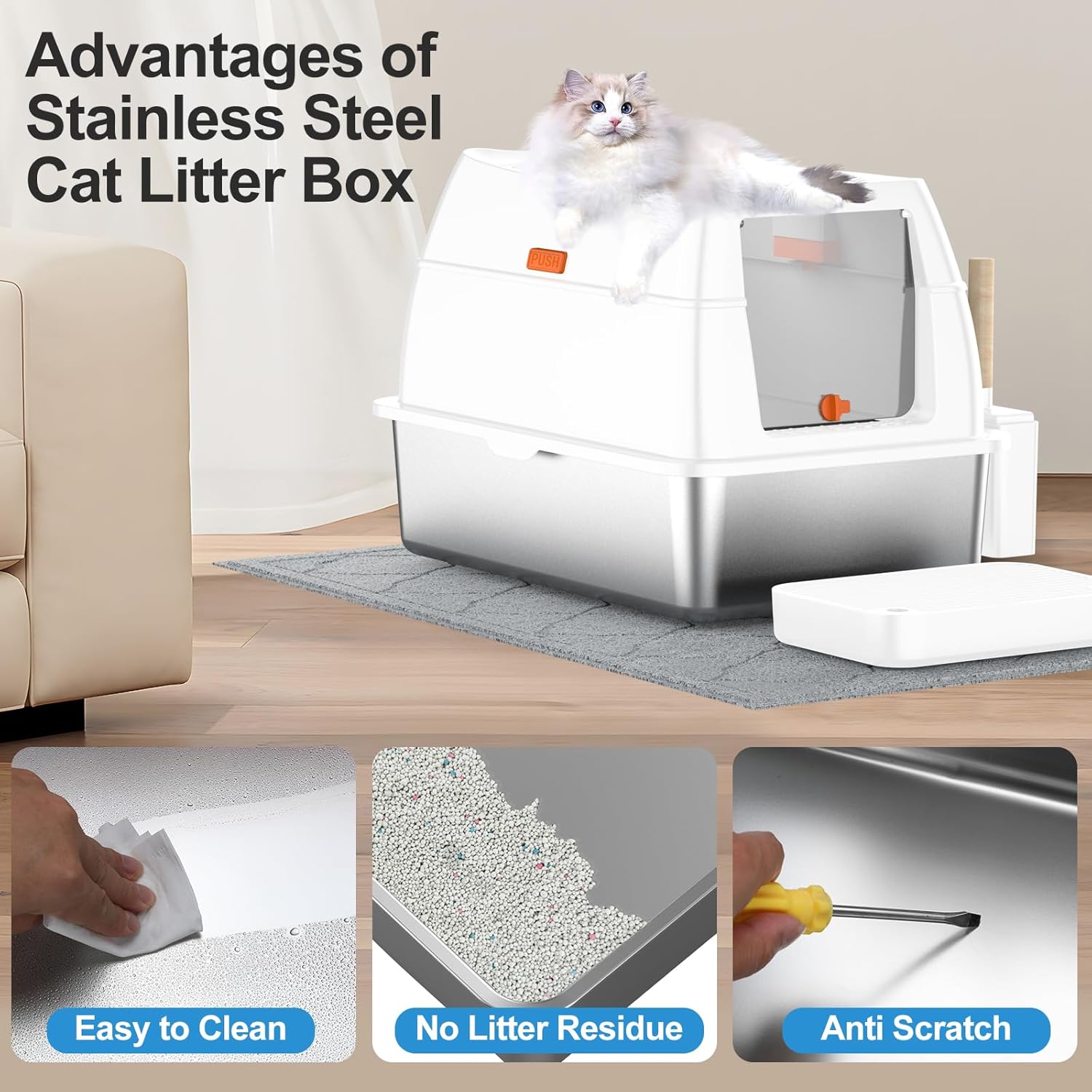 Extra Large Stainless Steel Cat Litter Box – Enclosed Top-Entry Design, Anti-Leak, Easy to Clean, with Scoop & Mat (White)