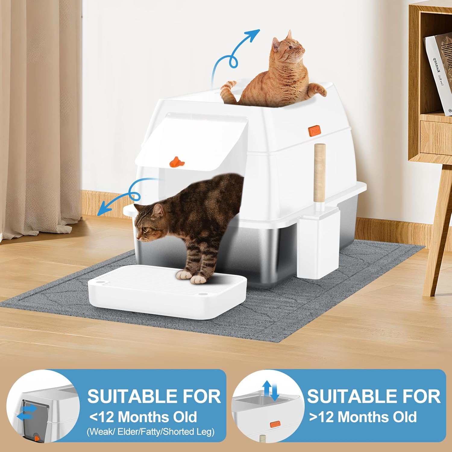 Extra Large Stainless Steel Cat Litter Box – Enclosed Top-Entry Design, Anti-Leak, Easy to Clean, with Scoop & Mat (White)