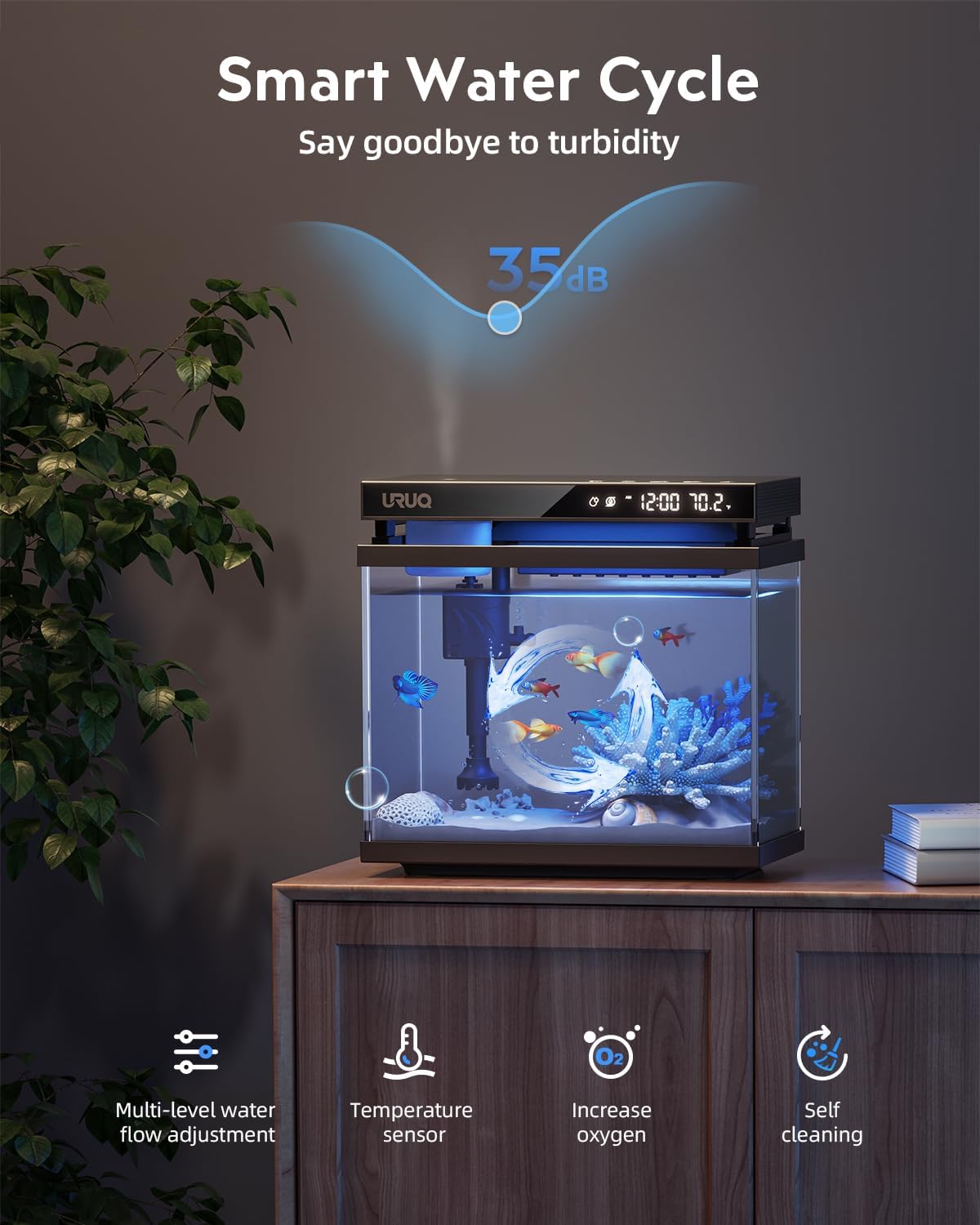 Smart Fish Tank Aquarium Kit – 2 Gal UHD Glass, Silent Pump, Self-Cleaning, Temperature Monitor, Essential Oil Diffuser, 7-Color Lights, Multi-Layer Filtration, Black