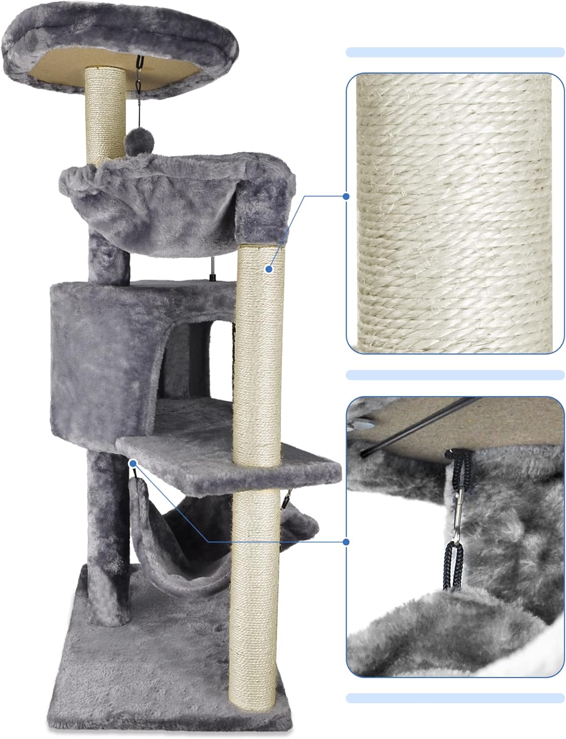 Modern Cat Tree with Condo & Large Hammock – Grey