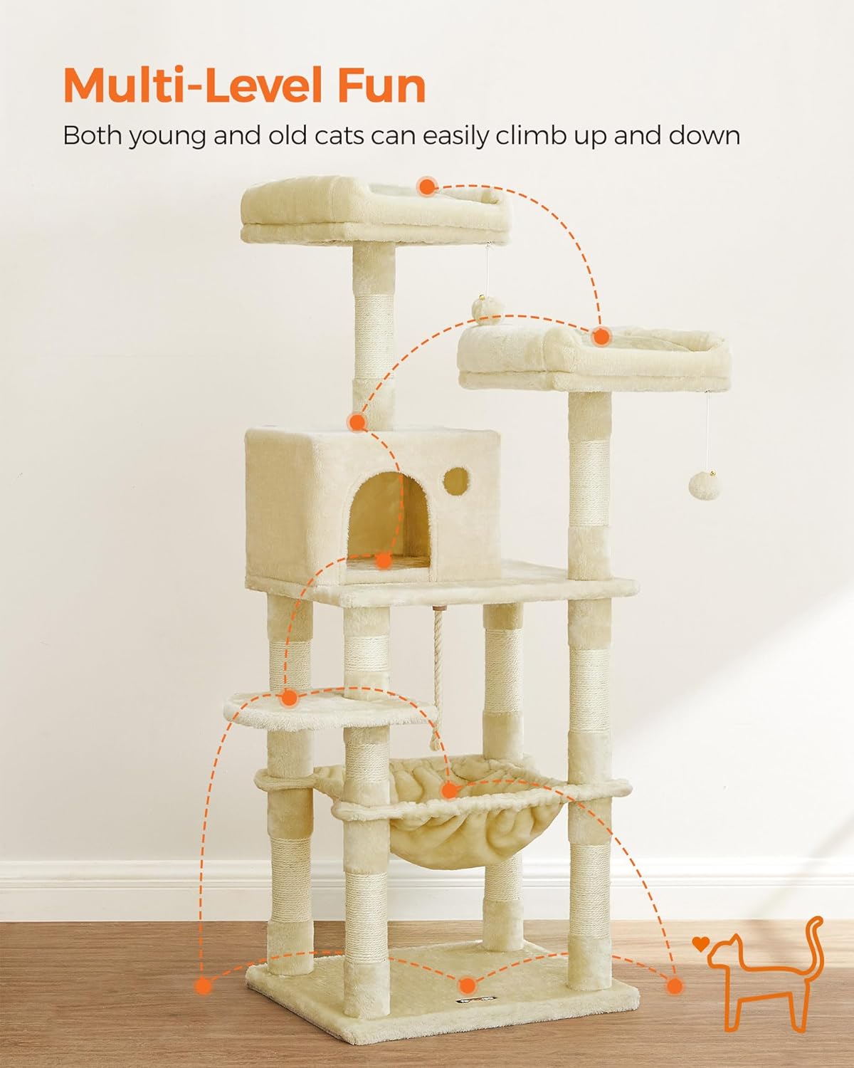 56-Inch Multi-Level Cat Tree – Tower with 11 Scratching Posts, 2 Perches, Cave & Hammock for Indoor Cats (Beige)