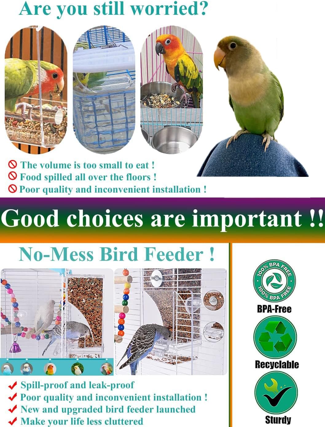 No-Mess Bird Feeder & Water Dispenser – Automatic Seed & Drink Set for Parrots, Budgies, Lovebirds, & More 