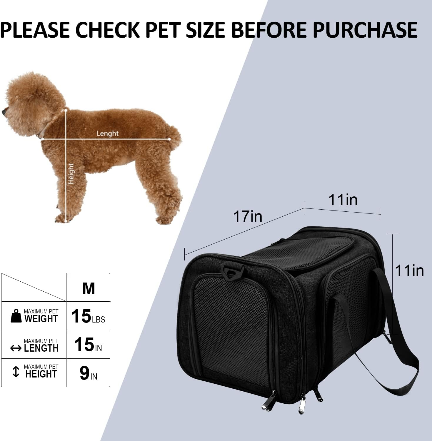 Airline-Approved Pet Carrier – Soft-Sided, Collapsible Travel Bag for Cats & Small Dogs Up to 15 lbs (Black)