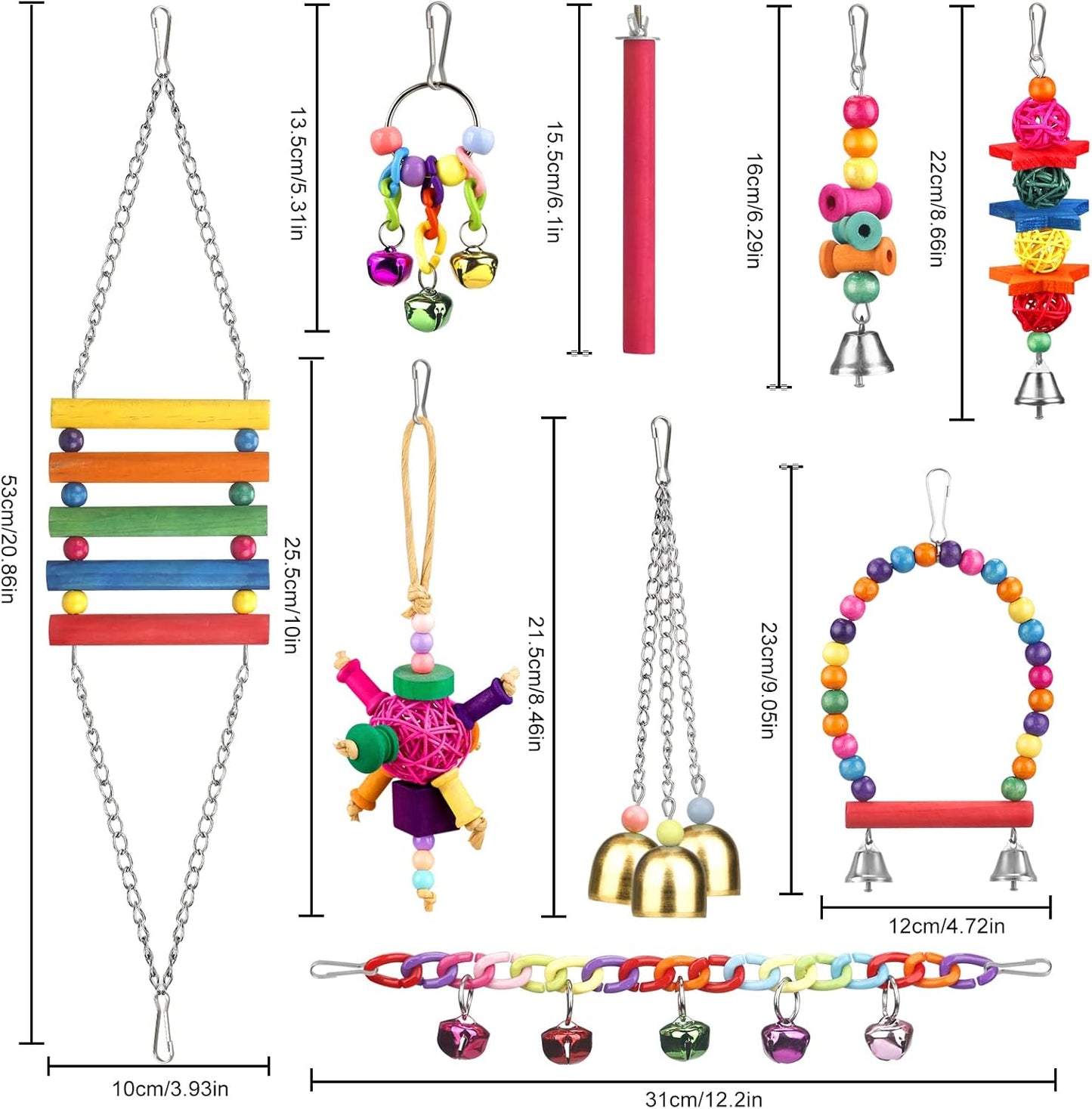 Colorful Bird Toys Set – Ladder, Hammock, Perch, Chewing Toys, and Hanging Bell for Parrots, Conures, Cockatiels, Lovebirds & Parakeets