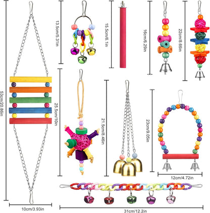 Colorful Bird Toys Set – Ladder, Hammock, Perch, Chewing Toys, and Hanging Bell for Parrots, Conures, Cockatiels, Lovebirds & Parakeets