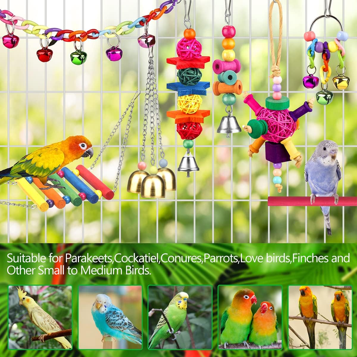 Colorful Bird Toys Set – Ladder, Hammock, Perch, Chewing Toys, and Hanging Bell for Parrots, Conures, Cockatiels, Lovebirds & Parakeets