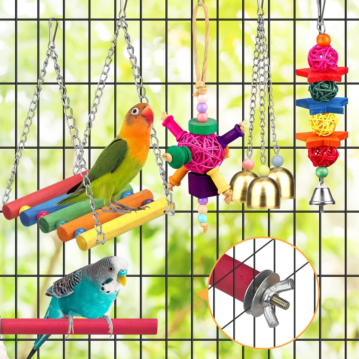 Colorful Bird Toys Set – Ladder, Hammock, Perch, Chewing Toys, and Hanging Bell for Parrots, Conures, Cockatiels, Lovebirds & Parakeets