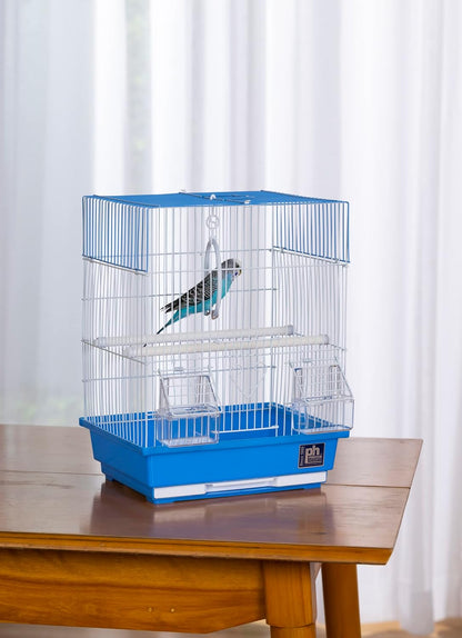 Flat-Top Bird Cage for Parakeets & Small Birds – White Wire, Blue Base, Removable Tray