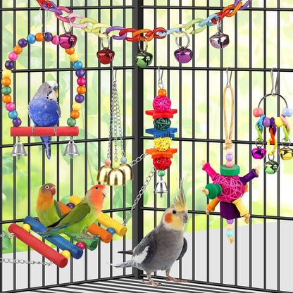 Colorful Bird Toys Set – Ladder, Hammock, Perch, Chewing Toys, and Hanging Bell for Parrots, Conures, Cockatiels, Lovebirds & Parakeets