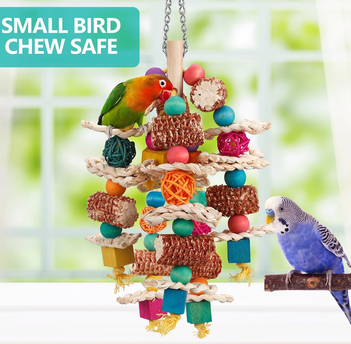 Natural Corn Cob Bird Chew Toys with Wooden Blocks – Durable Parrot Toys for Macaws, African Greys, Cockatoos, Amazons, Cockatiels, Conures, & Lovebirds