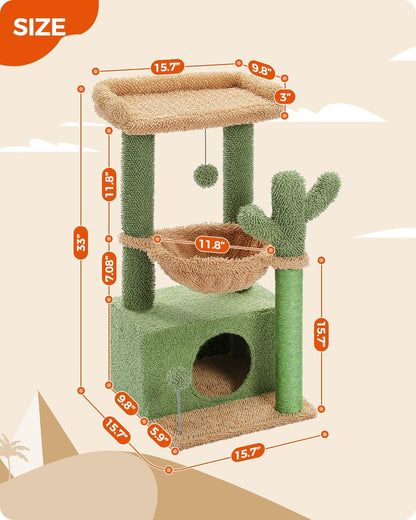 PEQUTLI 4-in-1 Cactus Cat Tree – 33” Indoor Cat Tower with Large Condo, Scratching Post, Hammock & Perch (Green)