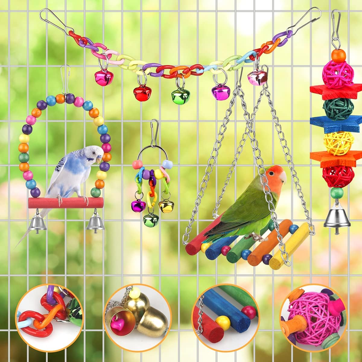 Colorful Bird Toys Set – Ladder, Hammock, Perch, Chewing Toys, and Hanging Bell for Parrots, Conures, Cockatiels, Lovebirds & Parakeets