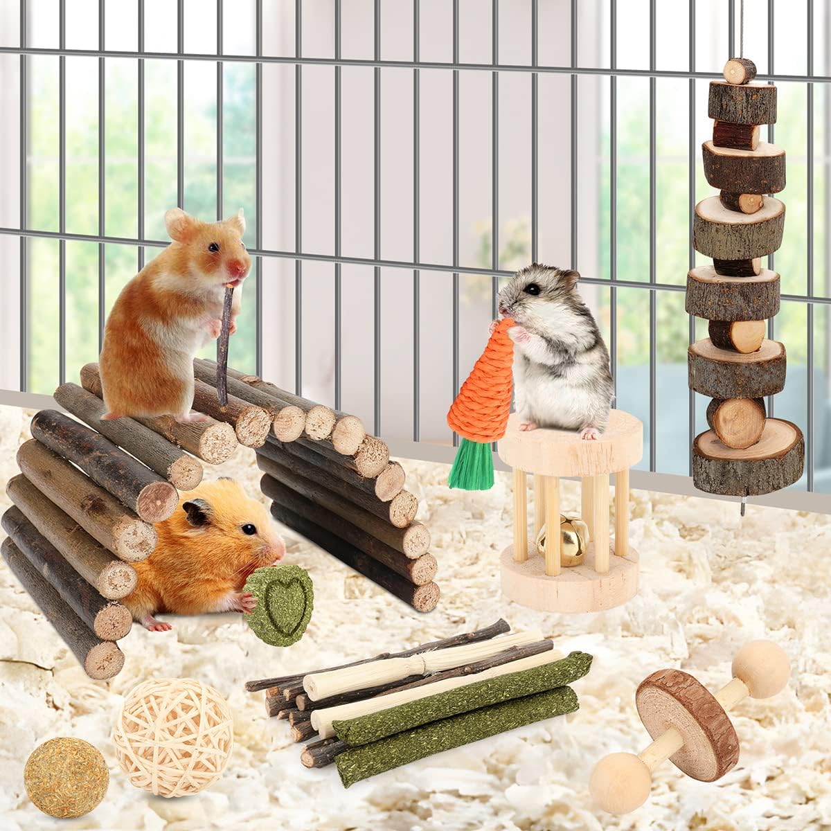 Hamster Cage Accessories, 12 Different Chew Toys for Guinea Pig, Chinchillas, Gerbils, Mice, Rats, Mouse, Rabbit, Bunny Hideout Seesaw, Natural Molar Tools