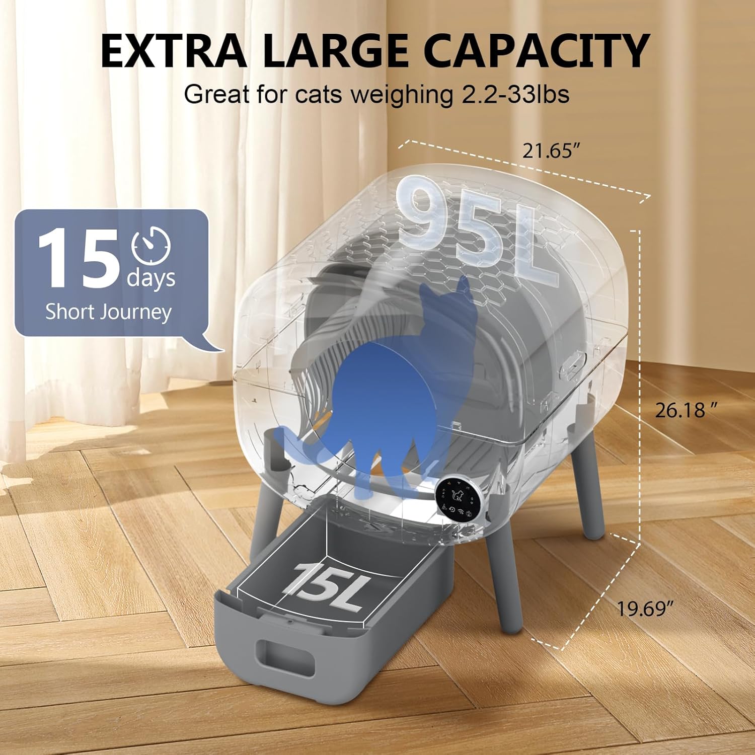 Self-Cleaning Automatic Cat Litter Box – 95L Capacity, App-Controlled with Safety Features & Garbage Bags