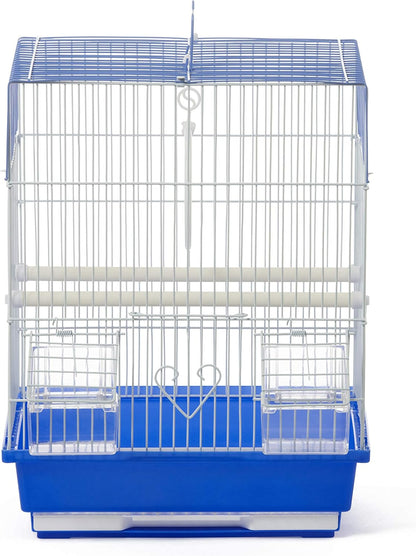 Flat-Top Bird Cage for Parakeets & Small Birds – White Wire, Blue Base, Removable Tray