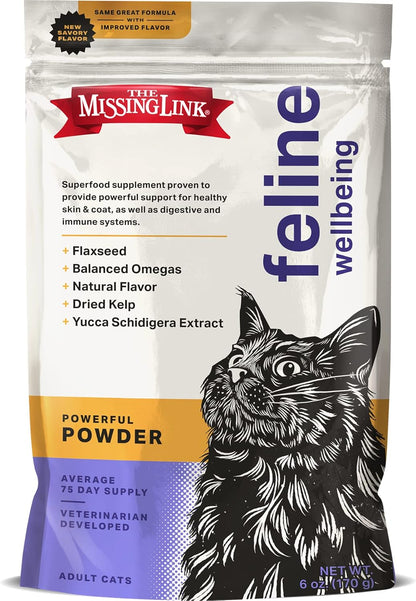 "The Missing Link Feline Superfood Powder, 6 Oz – Vet-Formulated Supplement with Omega 3 & 6 for Skin, Coat, Digestion, Immunity & Overall Cat Health