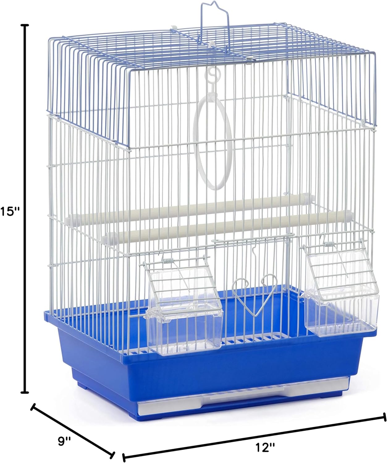 Flat-Top Bird Cage for Parakeets & Small Birds – White Wire, Blue Base, Removable Tray