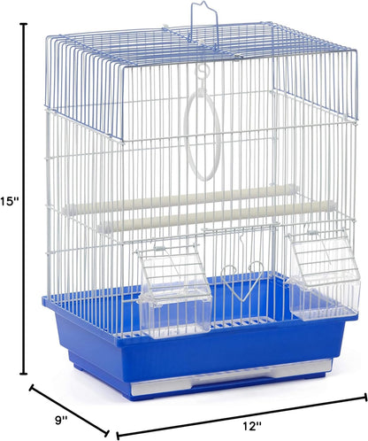 Flat-Top Bird Cage for Parakeets & Small Birds – White Wire, Blue Base, Removable Tray