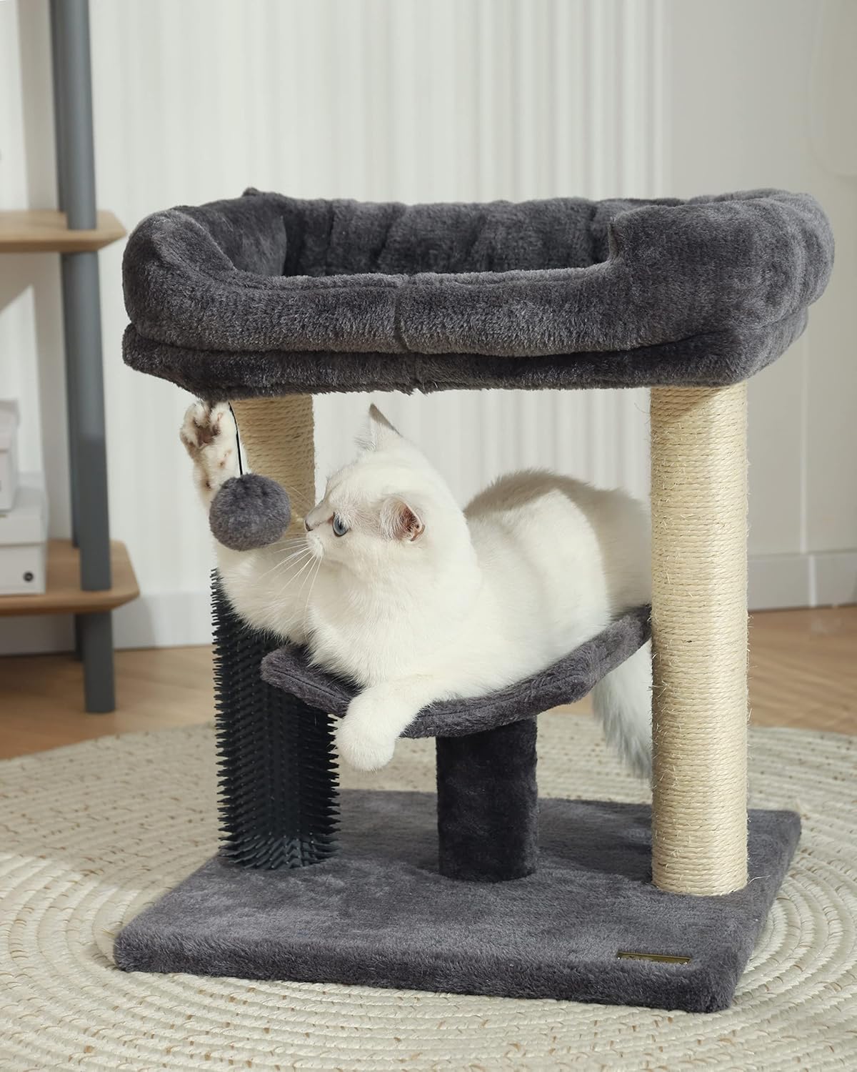 Cat Tree Tower – Cozy Perch, Scratching Post, Self-Groomer & Interactive Ball for Kittens and Indoor Cats