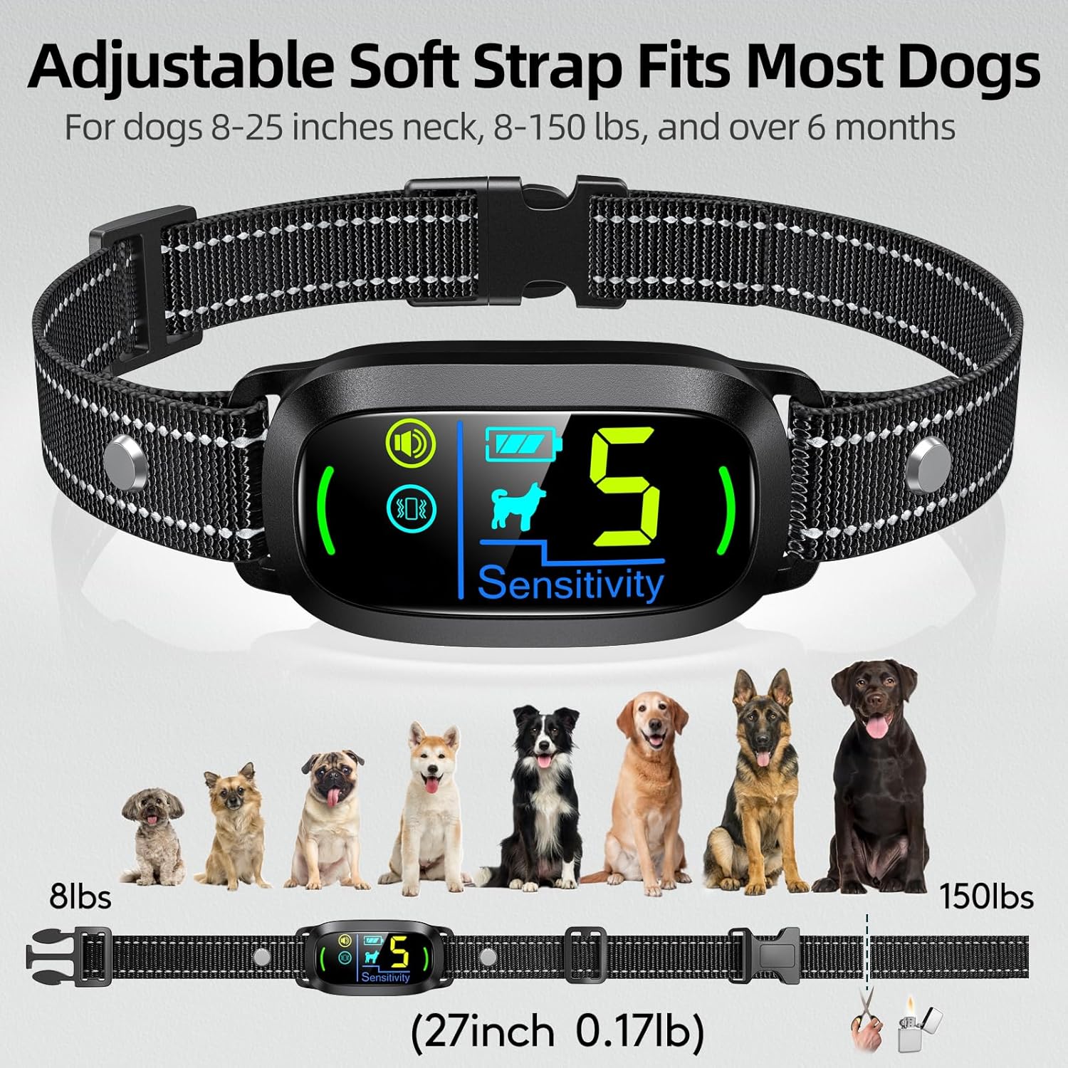 Rechargeable Smart Bark Collar – Adjustable Sensitivity, Beep & Vibration for Large, Medium, Small Dogs (Black)