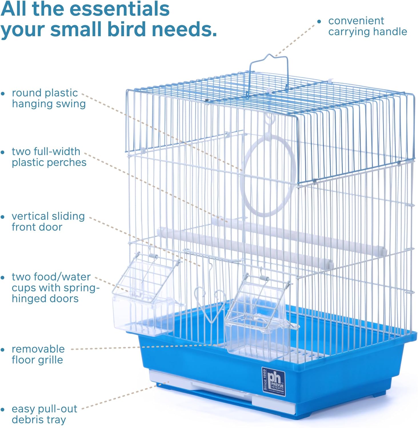 Flat-Top Bird Cage for Parakeets & Small Birds – White Wire, Blue Base, Removable Tray