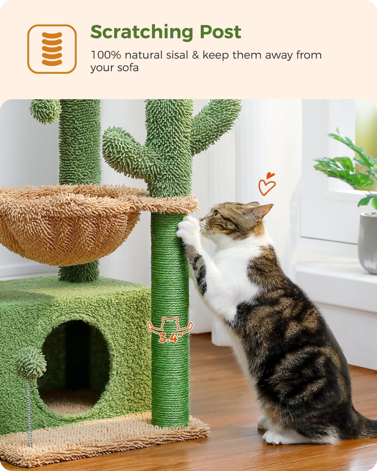 PEQUTLI 4-in-1 Cactus Cat Tree – 33” Indoor Cat Tower with Large Condo, Scratching Post, Hammock & Perch (Green)