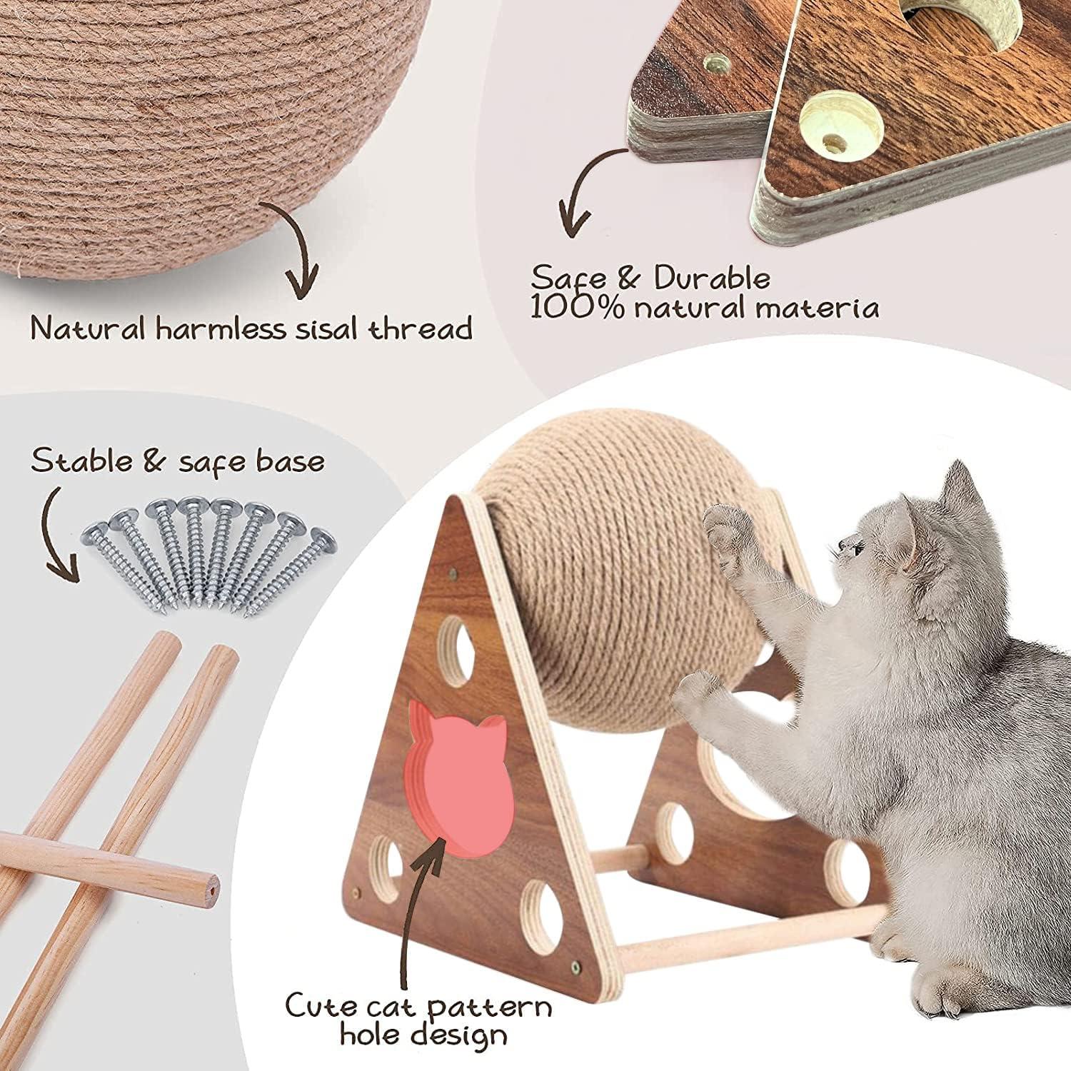 Natural Sisal Cat Scratching Ball – Interactive Toy for Cats, Kittens, Dogs & Puppies, with Solid Wood Base