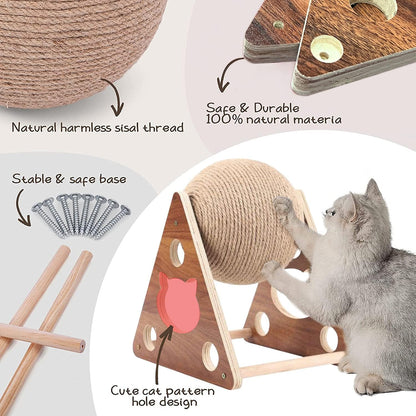 Natural Sisal Cat Scratching Ball – Interactive Toy for Cats, Kittens, Dogs & Puppies, with Solid Wood Base