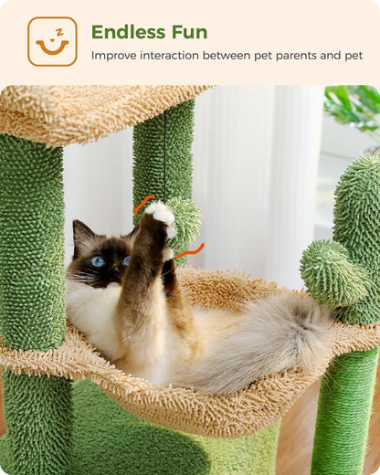 PEQUTLI 4-in-1 Cactus Cat Tree – 33” Indoor Cat Tower with Large Condo, Scratching Post, Hammock & Perch (Green)