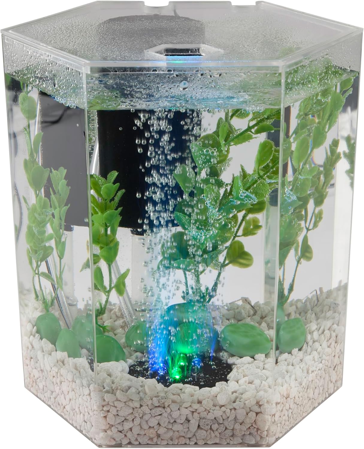 1-Gallon Hexagon LED Aquarium Kit – Bubbling Tank with Color-Changing Light Disc