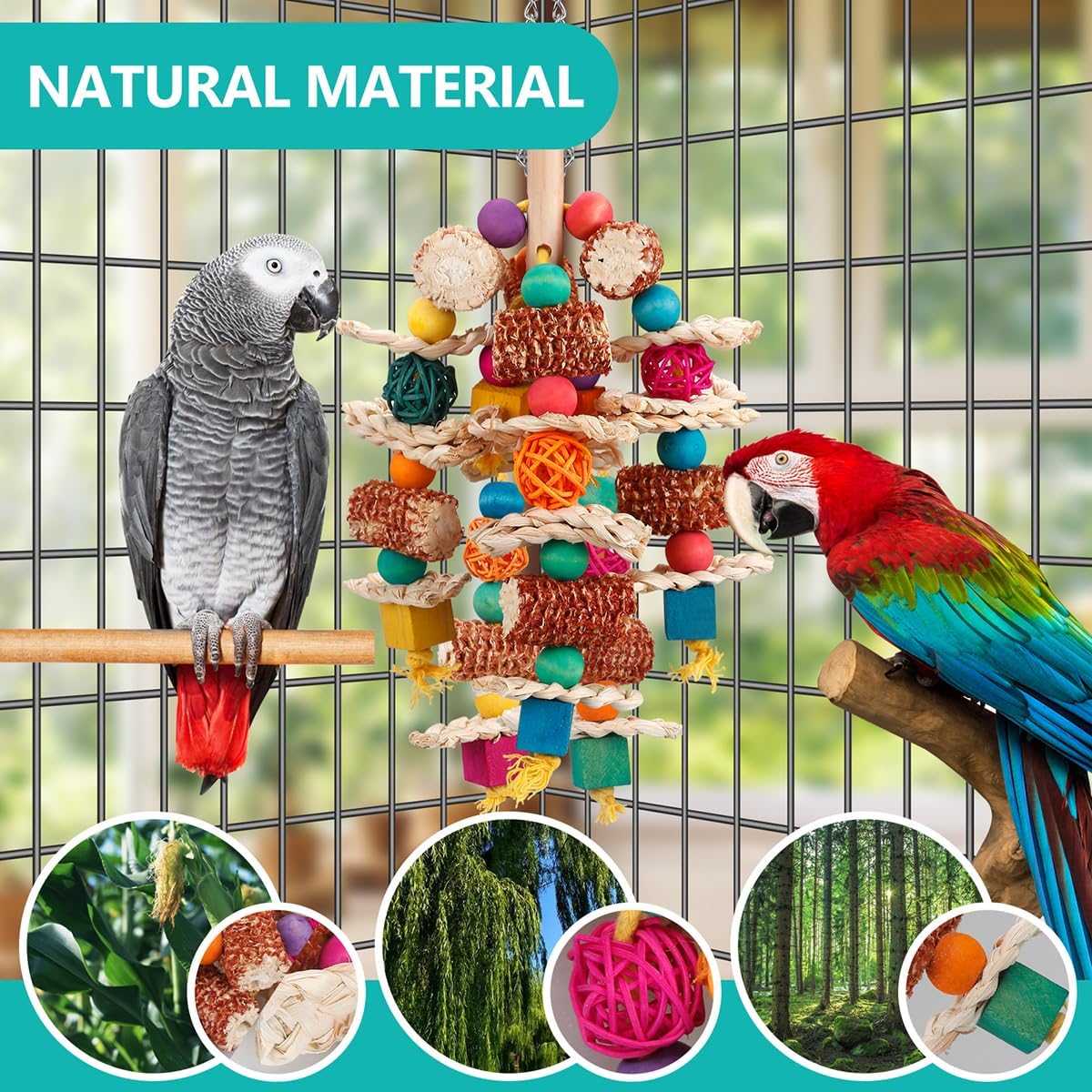 Natural Corn Cob Bird Chew Toys with Wooden Blocks – Durable Parrot Toys for Macaws, African Greys, Cockatoos, Amazons, Cockatiels, Conures, & Lovebirds